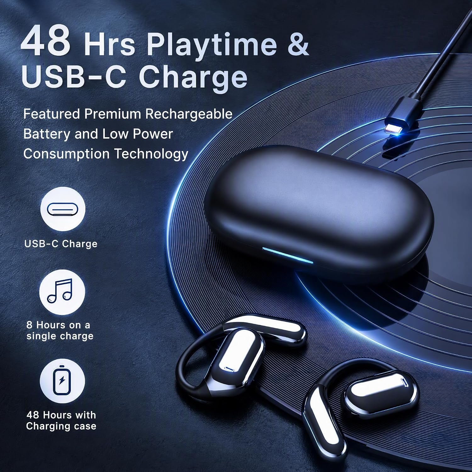 Wireless Earbuds Bluetooth Earbuds Built-In Mic with Ear Hooks 50H Playtime Ear Buds LED Display Charging Case Waterproof Design for Running Fitness